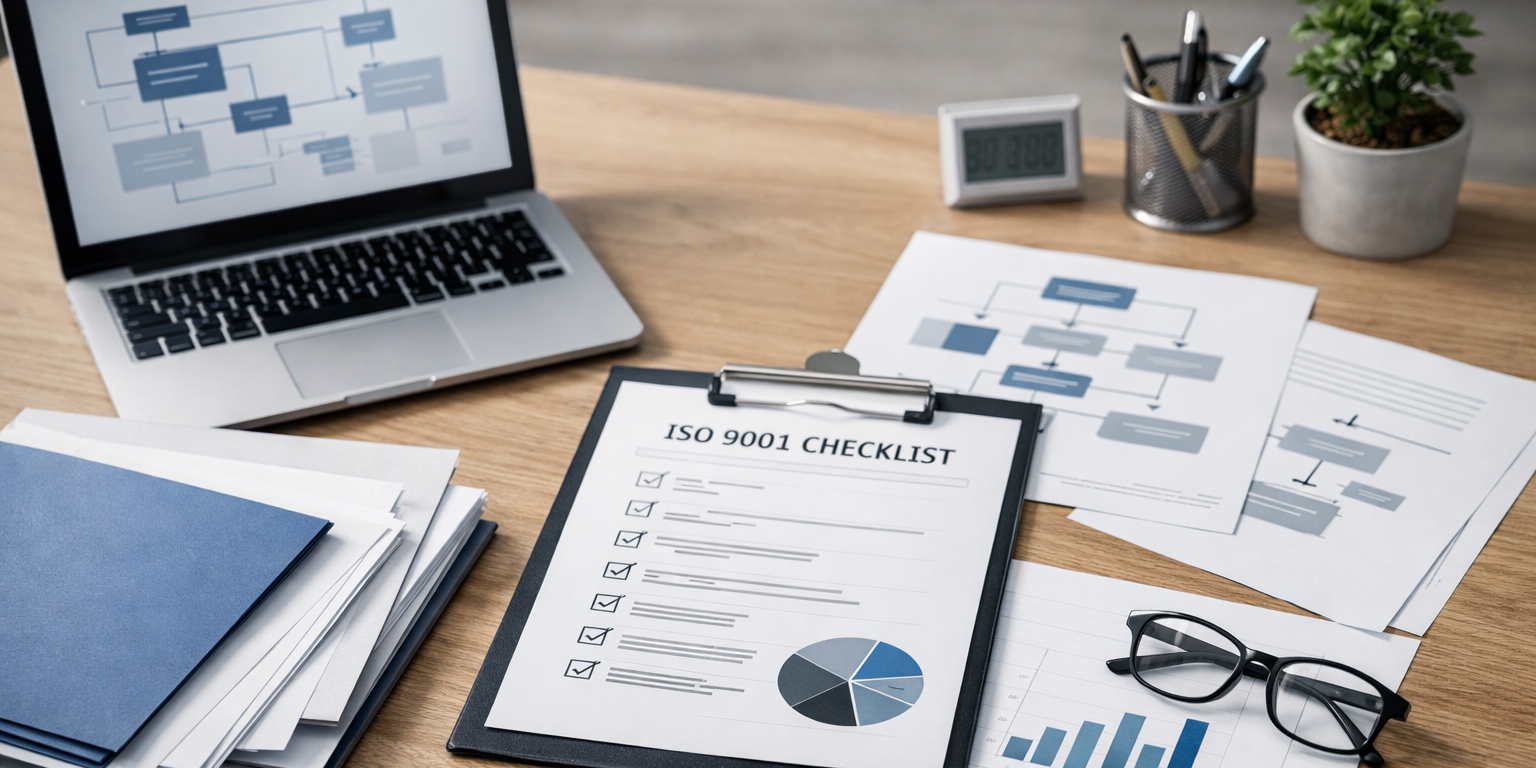 ISO-9001-Checkliste auf einem Klemmbrett, daneben Laptop mit Prozess-Flowcharts und Unterlagen zum Qualitätsmanagement.