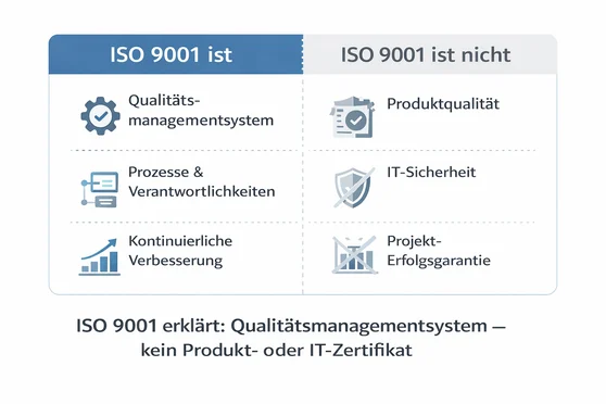 Vergleich: ISO 9001 ist (Qualitätsmanagementsystem, Prozesse & Verantwortlichkeiten, kontinuierliche Verbesserung) versus ISO 9001 ist nicht (Produktqualität, IT-Sicherheit, Projekt-Erfolgsgarantie).